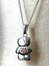 Collier Fille Femme Ourson Argent poinçon strass Coeur Rose signé Forever NEUF 