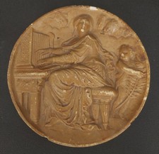 Médaillon tondo en plâtre patiné femme et putti Fin XIXème