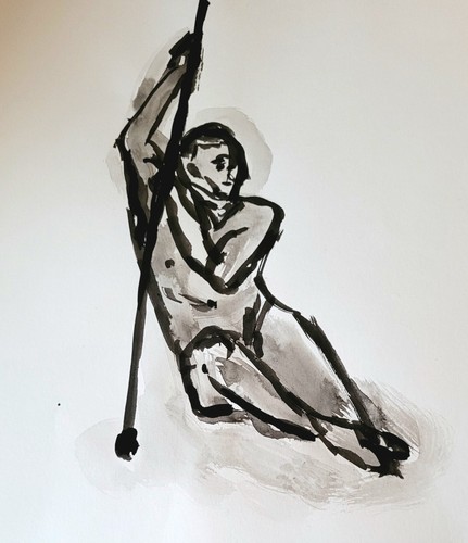 Homme assis avec baton - avec,