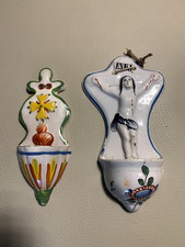 SAINT CLEMENT  2 ANCIENS BENITIERS FAIENCE POLYCHROME  XIXème ART POPULAIRE