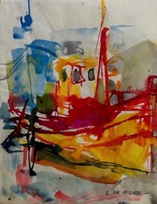 Arlette LE MORE - "Bateau à quai" - Encre originale signée