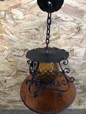 Suspension Lanterne Ancienne Métal Noir + Verre Ambré Orange Vintage #D010