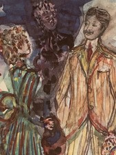 Tableau ancien estampe gravure illustration couleur scène de genre couple fleurs