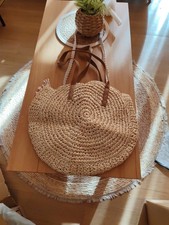 Sac Rond Beige Marron A Bandoulière Fourre Tout Tressé En Paille Zippé Grand Sac