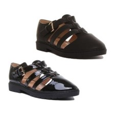 Chaussures Plates À Brides Pour Femmes En Noir Ou Noir Laqué Taille UK 2-8
