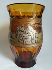 RARE VASE CRISTAL VERRE MOSER BOHEME AMBER PAYSANS BERGERS signé FREUDL 23,4cm