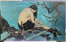 Tableau Ancien Laque Vietnamienne Portrait Femme Toilette Rivière Vietnam XXe