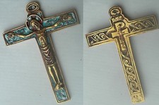 ancienne BELLE CROIX CRUCIFIX STYLE MÉDIÉVAL BRONZE ÉMAILLÉ Dominique PIÉCHAUD