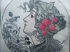 Peinture de tapisserie ancienne Miniature Femme Art nouveau de la soie tissée