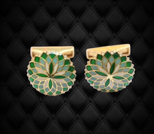 De Luxe Homme 14K or Jaune Boutons Manchette Forme Ronde Email Vert Fleur Design