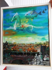 CALOGERO Jean -TECHNIQUE MIX S/TOILE -1980 "CHEVAL COURONNE"-PARIS-60 x 73 CM -I