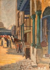 LUCIENNE CAPDEVIELLE TABLEAU 1920 PEINTURE SCÈNE ANIMÉE VILLE BORD MER ALGÉRIE