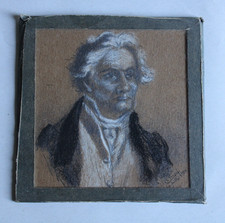 Ancien dessin pastel crayon signé Seupef, portrait d'homme, miniature 12x12 cm