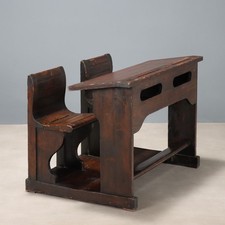 Bureau d'École Ancien Mélèze Teinté Noyer 2 Places XIXe Siècle Original