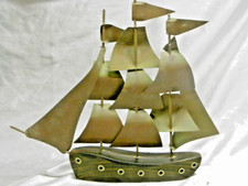 ANCIENNE MAQUETTE BATEAU VOILIER 3 MATS ÉBÈNE CUIVRE BOAT DECO BORD DE MER 1940