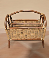 Vintage wooden magazine wood caning woven wicker rattan boho rack 1970