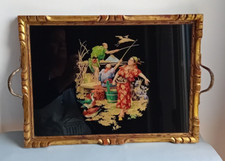 Plateau Chinois ancien peint main avec vitre et encadrement bois