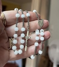 Antique French Rosary Milk Glass Beads 17” 1800s Brass Medals And Chain Prayer