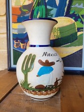 VASE POTERIE ÉMAILLÉ CÉRAMIQUE PEINT A LA MAIN CACTUS MEXIQUE MEXICAIN VINTAGE