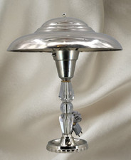 Lampe de Table/Bouillotte Argentée Art-Déco en Laiton Chromé & Verre