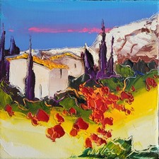 Tableau original de Nolac 20x20 cm huile couteau Chemin de coquelicots en été