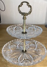 Ravissant Serviteur En Cristal Deux Étages Tige Laiton Vintage H 23,5 Cm 