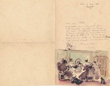 Réponse manuscrite signée avec dessin invitation Moreno Catulle Mendes