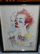Rare Tableau aquarelle sur papier Deux clowns cirque de Marcel-Charles GAICHET