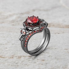 Grenat Rouge Vampire Tête de Mort Fiançailles Bague Parure Femmes Bronze Finish