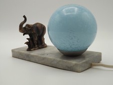 Vintage French Art Deco TEDD Elephant Lamp Marble Base Blue Clichy Shade 4194