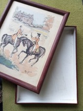 ancienne boite bonbons , couvercle tableau , équitation, chevaux signé E Dufour