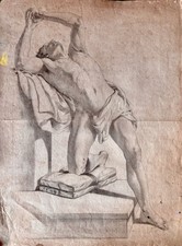 Dessin Ancien Au Crayon Homme Nu Regardant En L’air Ses Mains En Prière