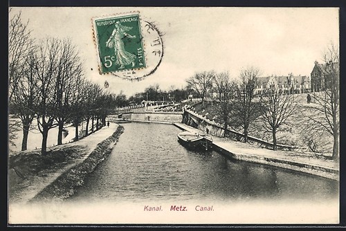 Cpa metz canal avec péniche - cpa,