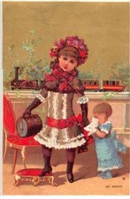 Chromos - COR14088 - Femme - Enfant - Train - Valise - Fond or - 10x7 cm envir