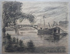 Ancien beau Dessin Sur Papier Crayon Mine Vue Riviere Bateau péniche pont