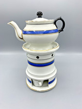 Tisanière ancienne en faïence, théière avec réchaud et godet, décor bleu et or