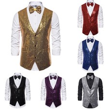 Gilet robe à paillettes bleu royal à la mode pour hommes col en V taille-coat