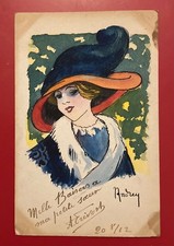 cpa art déco peinte à la main signée Andrey Prévost, femme, chapeau, portrait