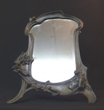1900 art nouveau très beau miroir à poser 45cm glace cadre étain femme fleur