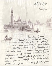 André HAMBOURG - Lettre autographe signée avec dessin original. Vue de Venise.