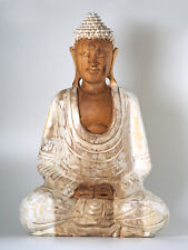 Bouddha Figurine En Sueur Bois Avec Blanc Habit Dans Dhyana Mudra ,Méditant,