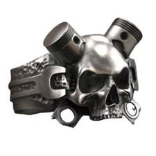 BAGUE CHEVALIERE TÊTE DE MORT PISTON CLES PUNK HARLEY MOTARD GOTHIQUE CRANE
