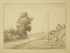 André DAUCHEZ "Route de campagne". 19ème. LAVIS D'ENCRE signé PAYSAGE