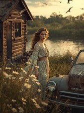 Femme lac cabane bois voiture