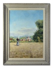 STANISLAS LEPINE ( 1835-1892) SIGNED FRENCH OIL ON CANVAS - LANDSCAPE HAYMAKER