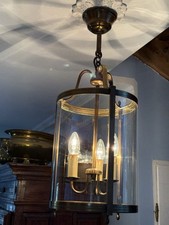 VESTIBULE CIRCULAR LANTERN BRASS & GLASS THREE-LIGHT LAMP-CHANDELIER-19th C