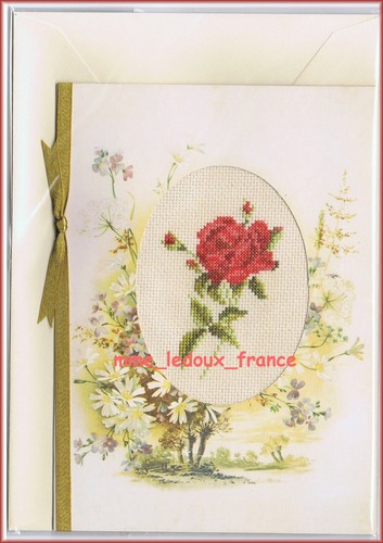 Carte brodée main rose - brodée, rouge