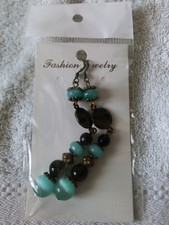 PARURE Collier + Boucles d'Oreilles Bleu Vert OEIL DE CHAT et AGATE noire