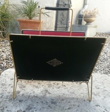 Ancien Porte-Revues en Métal Doré /Carton Noir & Doré/Tissu Rouge Années 50
