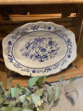 Grand plat ovale Lunéville, décor floral bleu, oignons bleus, faïence française.